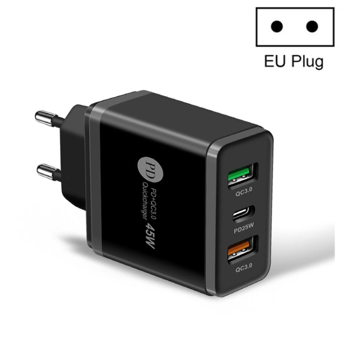 Cargador rápido multipuerto USB 45W PD3.0 + 2 x QC3.0, enchufe de la UE, EU Plug