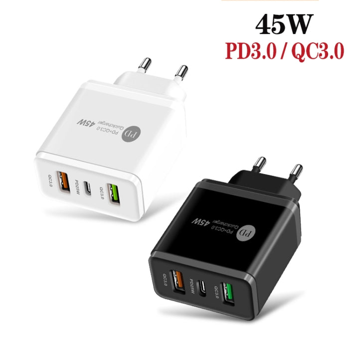 Cargador rápido multipuerto USB 45W PD3.0 + 2 x QC3.0, enchufe de la UE, EU Plug