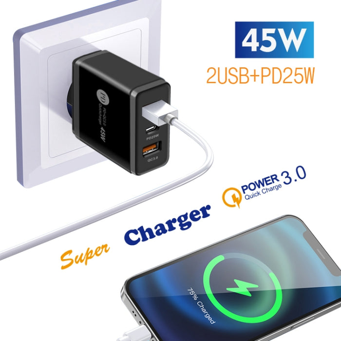 Cargador rápido multipuerto USB 45W PD3.0 + 2 x QC3.0, enchufe de la UE, EU Plug
