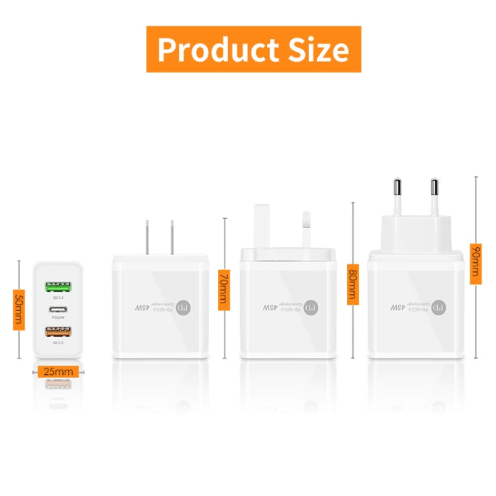 Cargador rápido multipuerto USB 45W PD3.0 + 2 x QC3.0, enchufe de la UE, EU Plug