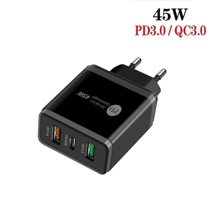 45W PD25W + 2 x QC3.0 Cargador USB multipuerto con cable USB a 8 pines, enchufe de la UE, EU Plug + USB to 8 Pin Cable
