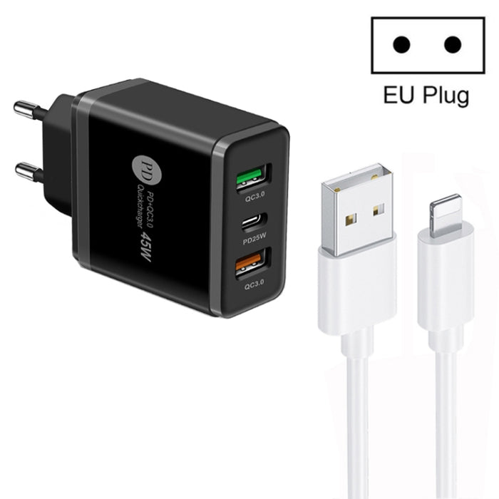 45W PD25W + 2 x QC3.0 Cargador USB multipuerto con cable USB a 8 pines, enchufe de la UE, EU Plug + USB to 8 Pin Cable