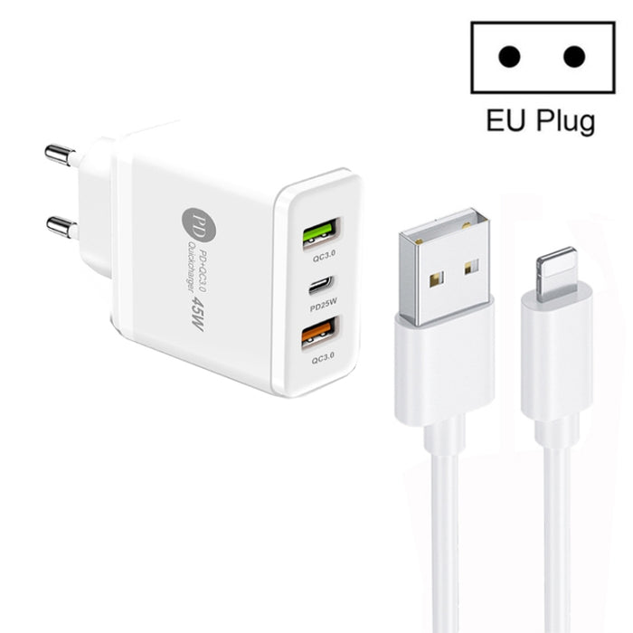 45W PD25W + 2 x QC3.0 Cargador USB multipuerto con cable USB a 8 pines, enchufe de la UE, EU Plug + USB to 8 Pin Cable