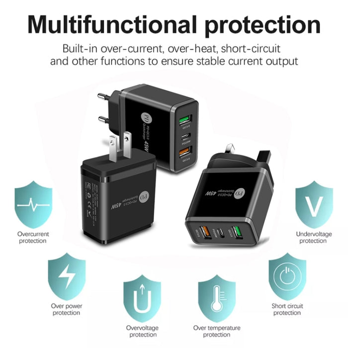 45W PD25W + 2 x QC3.0 Cargador USB multipuerto con cable USB a 8 pines, enchufe de la UE, EU Plug + USB to 8 Pin Cable