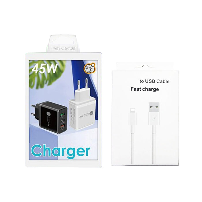 45W PD25W + 2 x QC3.0 Cargador USB multipuerto con cable USB a 8 pines, enchufe de la UE, EU Plug + USB to 8 Pin Cable