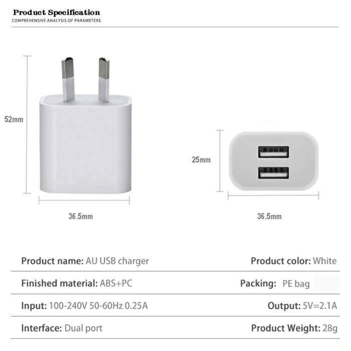 Mini cargador USB de doble puerto con USB a cable de datos de 8 pines, enchufe AU