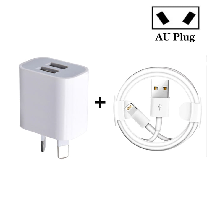 Mini cargador USB de doble puerto con USB a cable de datos de 8 pines, enchufe AU