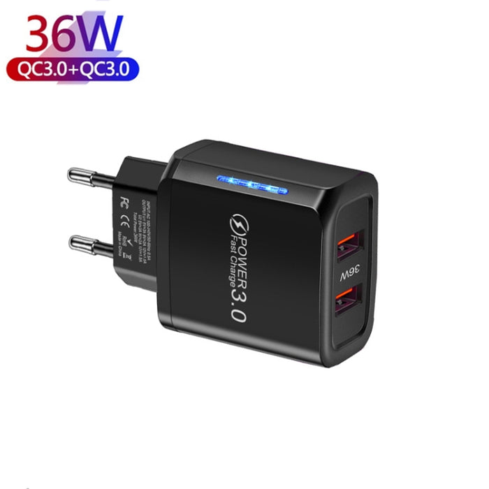 Cargador de teléfono móvil USB QC3.0 de puerto dual de 36 W Salida dual de 18 W, enchufe de la UE, EU Plug