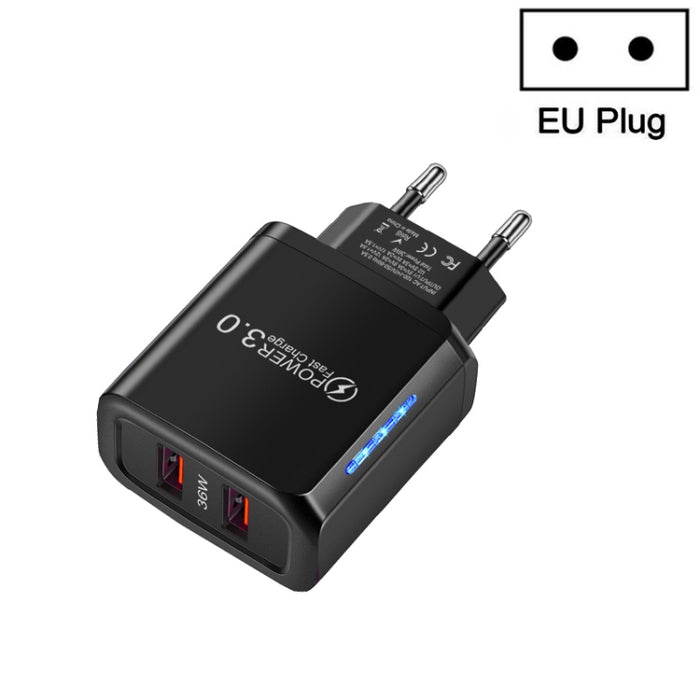 Cargador de teléfono móvil USB QC3.0 de puerto dual de 36 W Salida dual de 18 W, enchufe de la UE, EU Plug