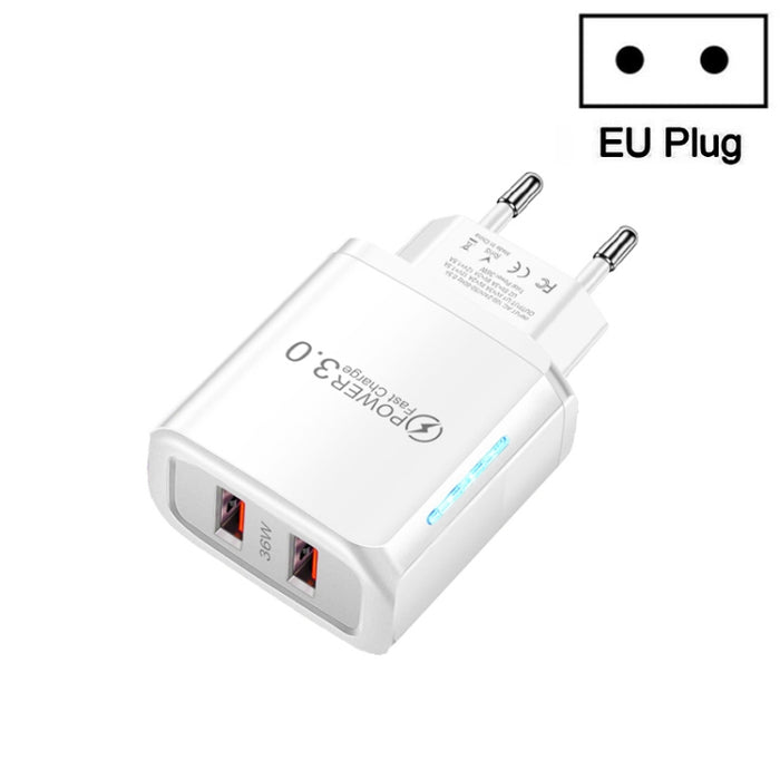 Cargador de teléfono móvil USB QC3.0 de puerto dual de 36 W Salida dual de 18 W, enchufe de la UE, EU Plug