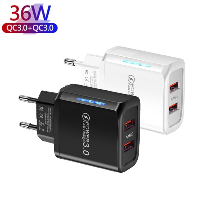 Cargador de teléfono móvil USB QC3.0 de puerto dual de 36 W Salida dual de 18 W, enchufe de la UE, EU Plug