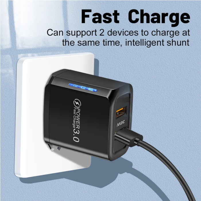 Cargador de teléfono móvil USB QC3.0 de puerto dual de 36 W Salida dual de 18 W, enchufe de la UE, EU Plug