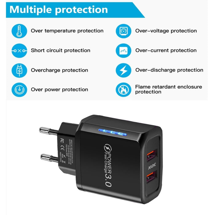 Cargador de teléfono móvil USB QC3.0 de puerto dual de 36 W Salida dual de 18 W, enchufe de la UE, EU Plug