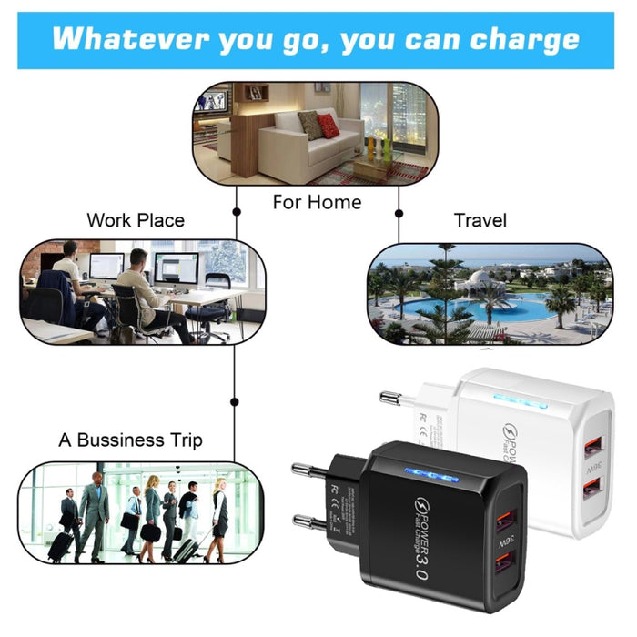 Cargador de teléfono móvil USB QC3.0 de puerto dual de 36 W Salida dual de 18 W, enchufe de la UE, EU Plug