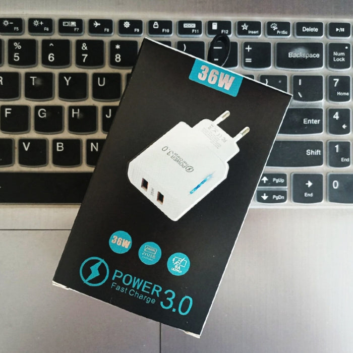 Cargador de teléfono móvil USB QC3.0 de puerto dual de 36 W Salida dual de 18 W, enchufe de la UE, EU Plug