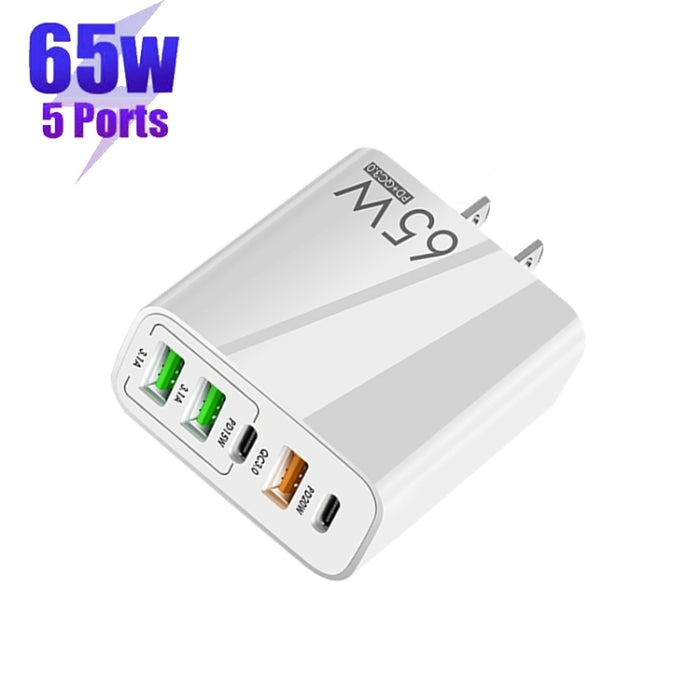 65W Dual PD Type-C + 3 x USB Multi Port Charger con 3A Type-C a cable de datos de 8 pines, enchufe de EE. UU., US Plug + Type-C to 8 Pin Cable