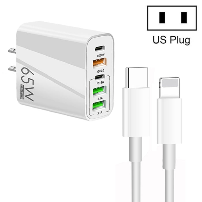 65W Dual PD Type-C + 3 x USB Multi Port Charger con 3A Type-C a cable de datos de 8 pines, enchufe de EE. UU., US Plug + Type-C to 8 Pin Cable