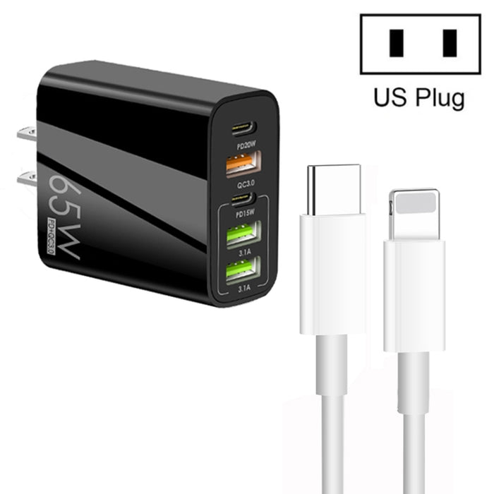 65W Dual PD Type-C + 3 x USB Multi Port Charger con 3A Type-C a cable de datos de 8 pines, enchufe de EE. UU., US Plug + Type-C to 8 Pin Cable