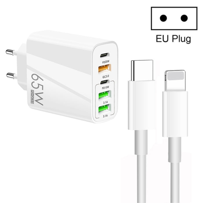 65W Dual PD Type-C + 3 x USB Multi Port Charger con 3A Type-C a cable de datos de 8 pines, enchufe de la UE, EU Plug + Type-C to 8 Pin Cable