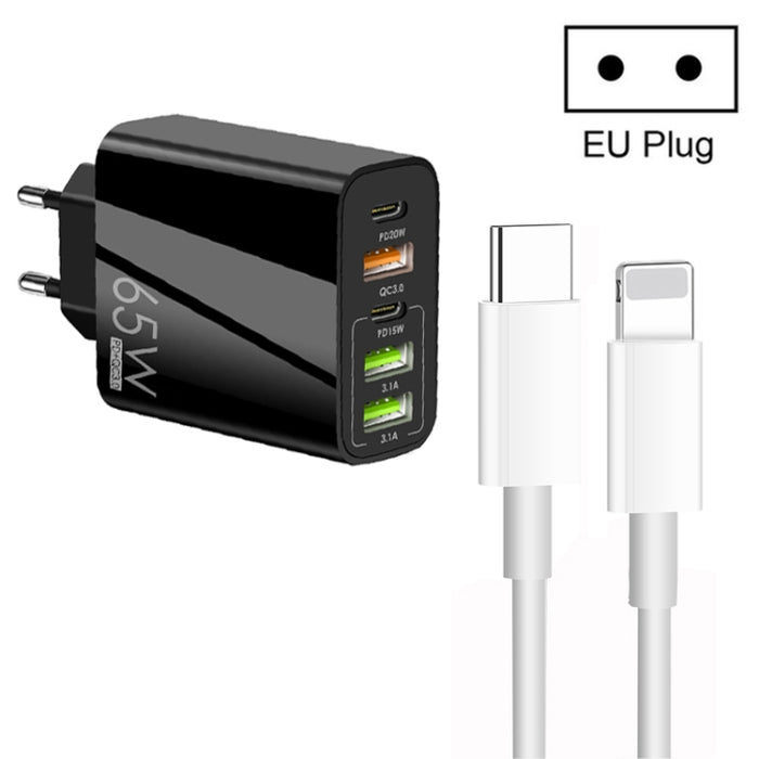 65W Dual PD Type-C + 3 x USB Multi Port Charger con 3A Type-C a cable de datos de 8 pines, enchufe de la UE, EU Plug + Type-C to 8 Pin Cable