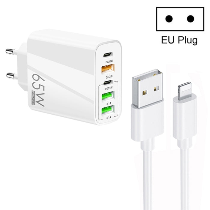 65W Dual PD Type-C + 3 x USB Multi Port Charger con 3A USB a cable de datos de 8 pines, enchufe de la UE, EU Plug + USB to 8 Pin Cable