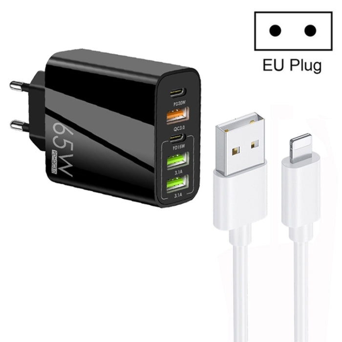 65W Dual PD Type-C + 3 x USB Multi Port Charger con 3A USB a cable de datos de 8 pines, enchufe de la UE, EU Plug + USB to 8 Pin Cable