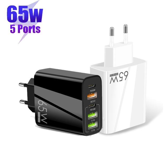 65W Dual PD Type-C + 3 x USB Multi Port Charger con 3A USB a cable de datos de 8 pines, enchufe de la UE, EU Plug + USB to 8 Pin Cable
