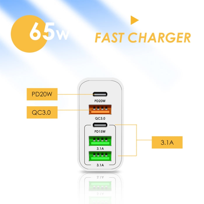 65W Dual PD Type-C + 3 x USB Multi Port Charger con 3A USB a cable de datos de 8 pines, enchufe de la UE, EU Plug + USB to 8 Pin Cable