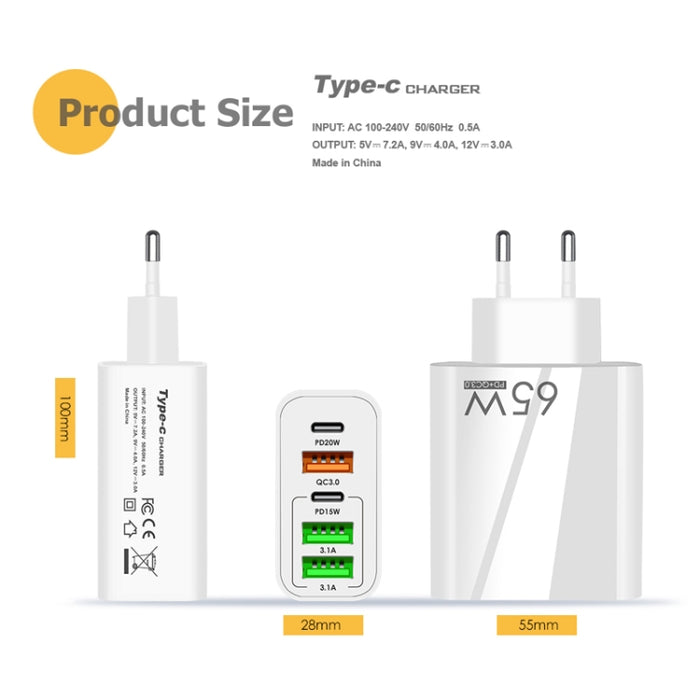 65W Dual PD Type-C + 3 x USB Multi Port Charger con 3A USB a cable de datos de 8 pines, enchufe de la UE, EU Plug + USB to 8 Pin Cable