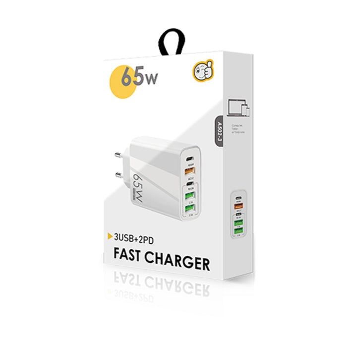 65W Dual PD Type-C + 3 x USB Multi Port Charger con 3A USB a cable de datos de 8 pines, enchufe de la UE, EU Plug + USB to 8 Pin Cable