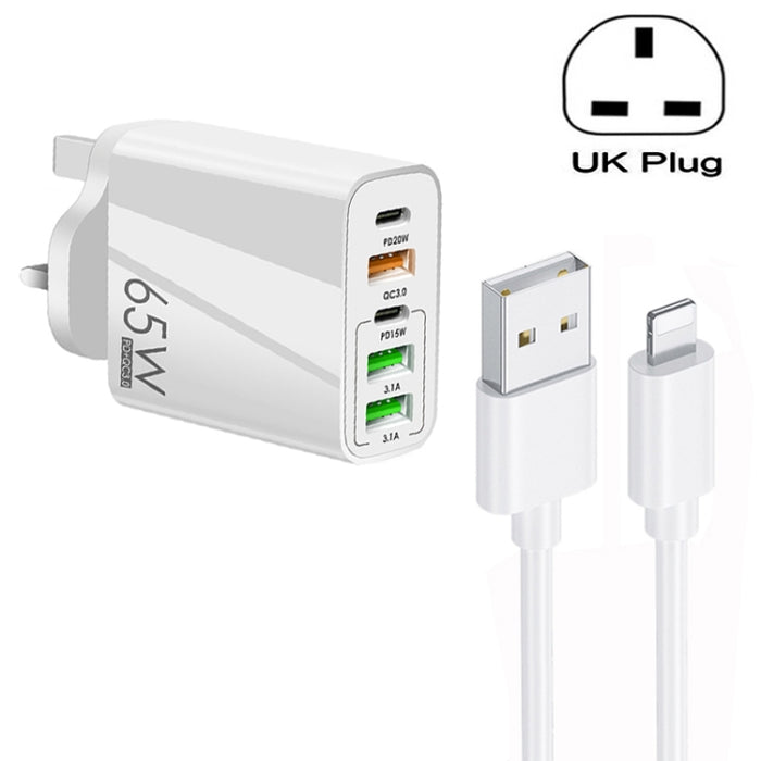 65W Dual PD Type-C + 3 x USB Multi Port Charger con 3A USB a cable de datos de 8 pines, enchufe para Reino Unido, UK Plug + USB to 8 Pin Cable