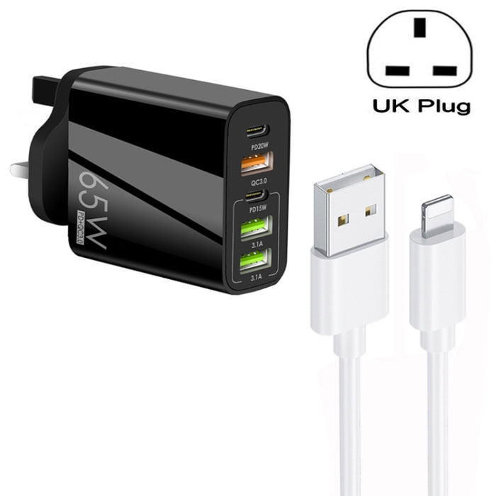 65W Dual PD Type-C + 3 x USB Multi Port Charger con 3A USB a cable de datos de 8 pines, enchufe para Reino Unido, UK Plug + USB to 8 Pin Cable