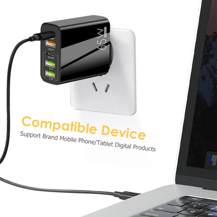 65W Dual PD Type-C + 3 x USB Multi Port Charger con 3A USB a cable de datos de 8 pines, enchufe para Reino Unido, UK Plug + USB to 8 Pin Cable