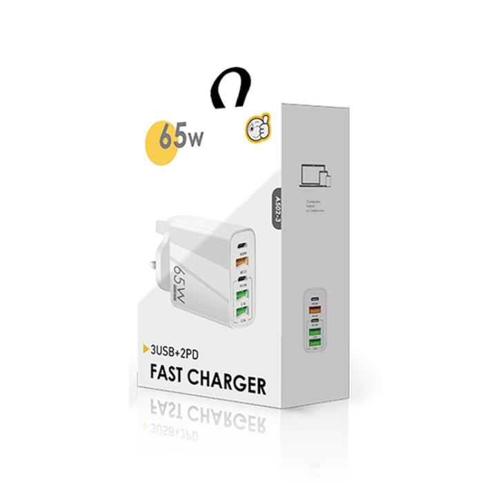 65W Dual PD Type-C + 3 x USB Multi Port Charger con 3A USB a cable de datos de 8 pines, enchufe para Reino Unido, UK Plug + USB to 8 Pin Cable