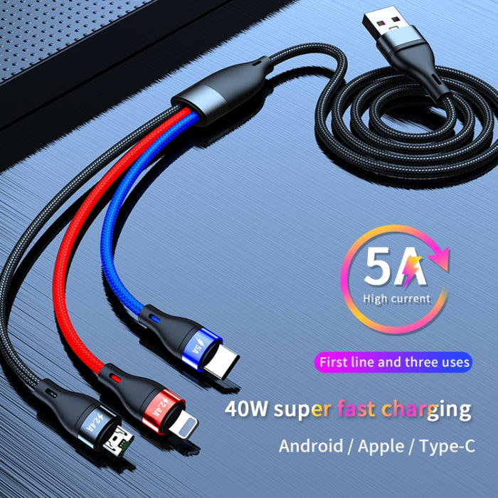 40W 5A USB a Micro USB + USB-C / Type-C + Cable de carga rápida de 8 pines, Longitud del cable: 2 m