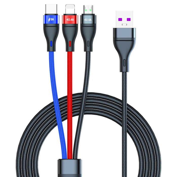 40W 5A USB a Micro USB + USB-C / Type-C + Cable de carga rápida de 8 pines, Longitud del cable: 2 m