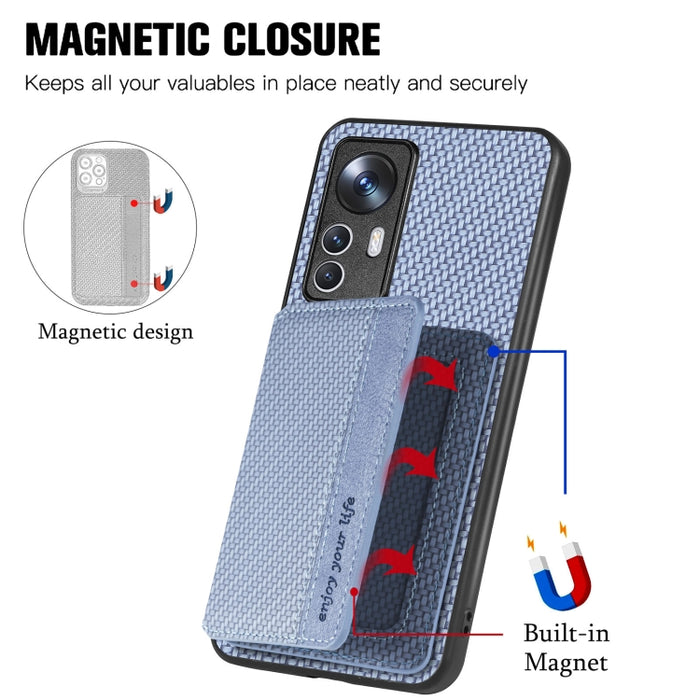 Para Xiaomi 12T Caja de teléfono con bolsa de tarjeta magnética de fibra de carbono, For Xiaomi 12T