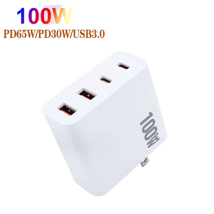 GaN 100W Dual USB-C/Type-C + Dual USB Multi Port Charger con 1.8m Type-C a MagSafe 2 / T Header Data Cable, US Plug, US / EU Plug, US / UK Plug, US / AU Plug, US / EU / UK Plug, US  / EU / UK / AU Plug