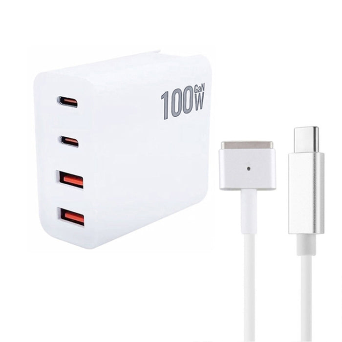 GaN 100W Dual USB-C/Type-C + Dual USB Multi Port Charger con 1.8m Type-C a MagSafe 2 / T Header Data Cable, US Plug, US / EU Plug, US / UK Plug, US / AU Plug, US / EU / UK Plug, US  / EU / UK / AU Plug