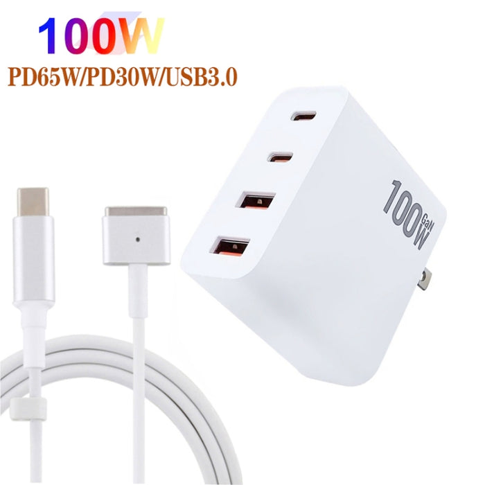 GaN 100W Dual USB-C/Type-C + Dual USB Multi Port Charger con 1.8m Type-C a MagSafe 2 / T Header Data Cable, US Plug, US / EU Plug, US / UK Plug, US / AU Plug, US / EU / UK Plug, US  / EU / UK / AU Plug