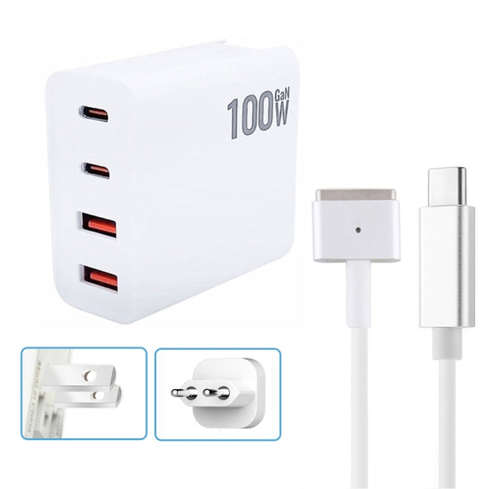 GaN 100W Dual USB-C/Type-C + Dual USB Multi Port Charger con 1.8m Type-C a MagSafe 2 / T Header Data Cable, US Plug, US / EU Plug, US / UK Plug, US / AU Plug, US / EU / UK Plug, US  / EU / UK / AU Plug