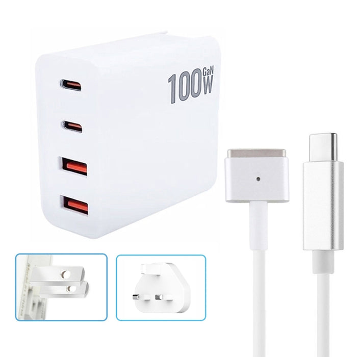 GaN 100W Dual USB-C/Type-C + Dual USB Multi Port Charger con 1.8m Type-C a MagSafe 2 / T Header Data Cable, US Plug, US / EU Plug, US / UK Plug, US / AU Plug, US / EU / UK Plug, US  / EU / UK / AU Plug