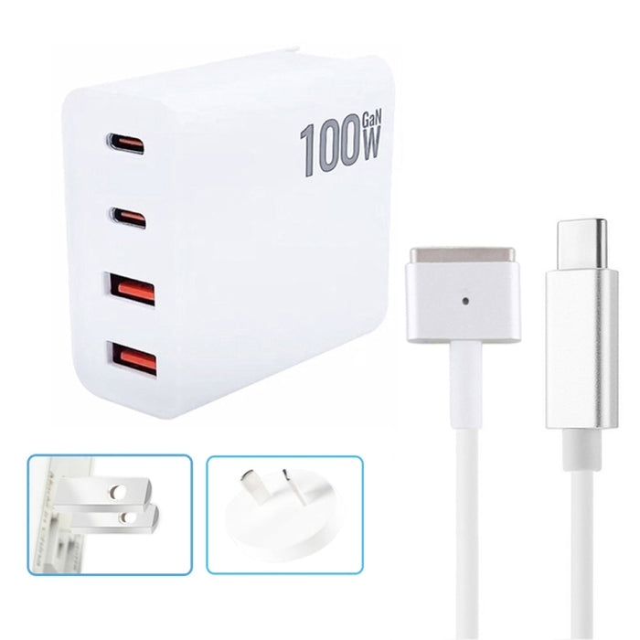 GaN 100W Dual USB-C/Type-C + Dual USB Multi Port Charger con 1.8m Type-C a MagSafe 2 / T Header Data Cable, US Plug, US / EU Plug, US / UK Plug, US / AU Plug, US / EU / UK Plug, US  / EU / UK / AU Plug