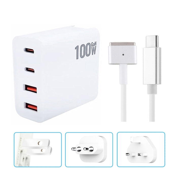 GaN 100W Dual USB-C/Type-C + Dual USB Multi Port Charger con 1.8m Type-C a MagSafe 2 / T Header Data Cable, US Plug, US / EU Plug, US / UK Plug, US / AU Plug, US / EU / UK Plug, US  / EU / UK / AU Plug