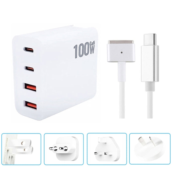 GaN 100W Dual USB-C/Type-C + Dual USB Multi Port Charger con 1.8m Type-C a MagSafe 2 / T Header Data Cable, US Plug, US / EU Plug, US / UK Plug, US / AU Plug, US / EU / UK Plug, US  / EU / UK / AU Plug