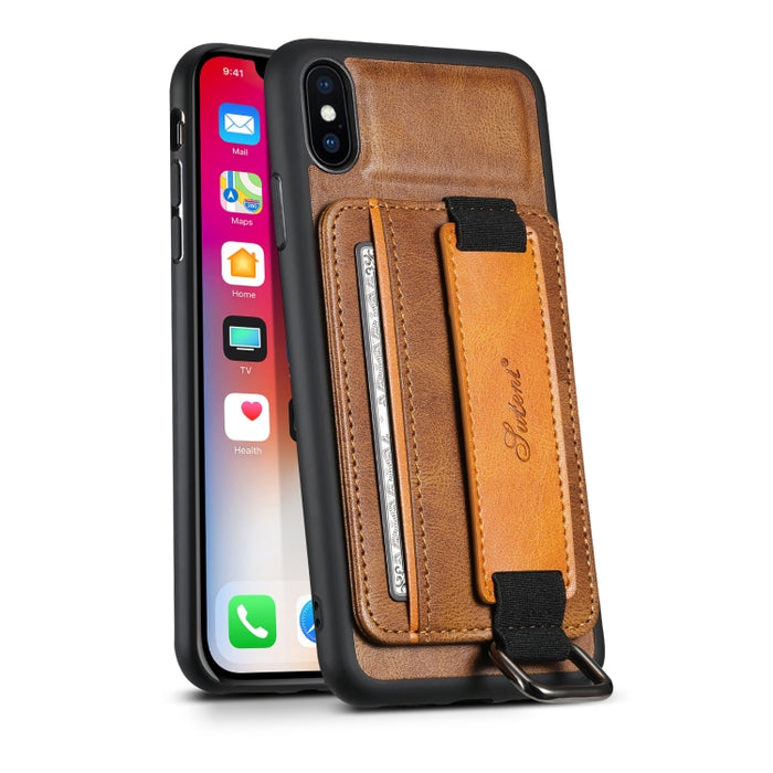 Suteni H13 Tarjeta Monedero Correa de muñeca Funda para teléfono PU, For iPhone X / XS, For iPhone XR, For iPhone XS Max