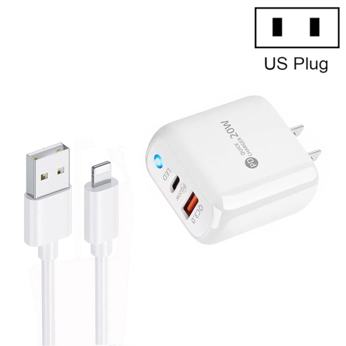 Cargador de teléfono móvil PD04 Type-C + USB con cable USB a 8 pines, enchufe de EE. UU., US Plug + USB to 8 Pin Cable