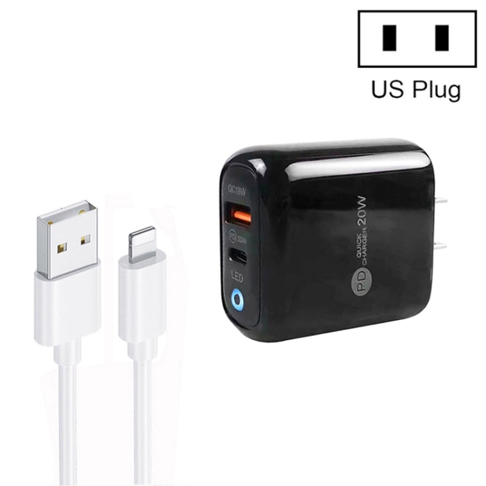 Cargador de teléfono móvil PD04 Type-C + USB con cable USB a 8 pines, enchufe de EE. UU., US Plug + USB to 8 Pin Cable