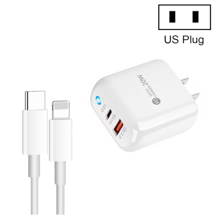 Cargador de teléfono móvil PD04 Type-C + USB con cable Type-C a 8 pines, enchufe de EE. UU., US Plug + Type-C to 8 Pin Cable