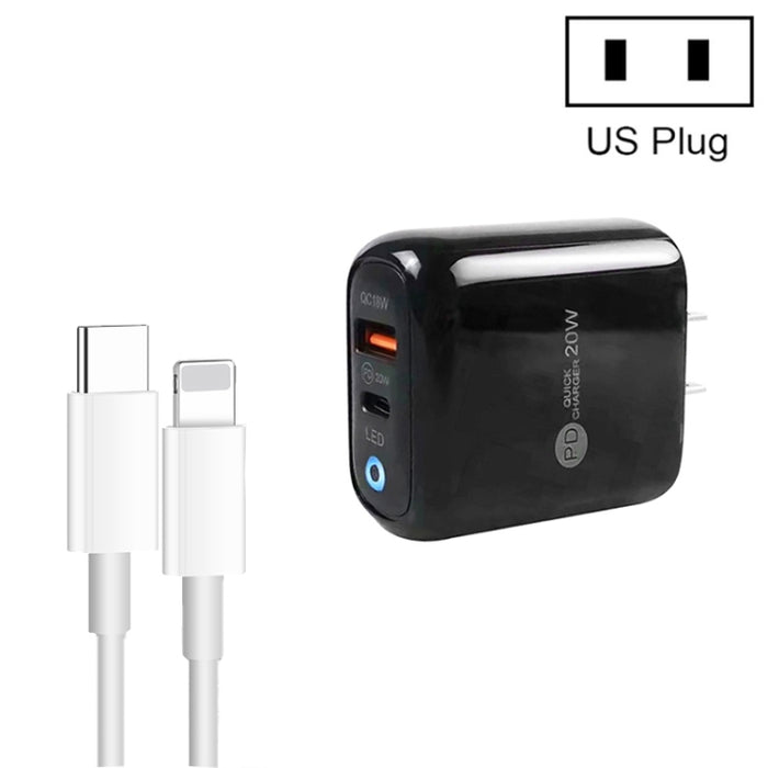 Cargador de teléfono móvil PD04 Type-C + USB con cable Type-C a 8 pines, enchufe de EE. UU., US Plug + Type-C to 8 Pin Cable